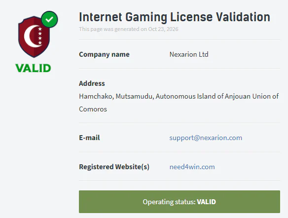 Need4Win Casino Anjouan gaming licence validation confirming Nexarion Ltd as operator of need4win.com with valid status