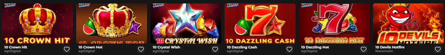 Need4Win Casino slots lobby with fruit and classic games like 10 Crown Hit, 10 Crystal Wish, 10 Dazzling Hot and 10 Devils Hotfire from EGT Digital and Novomatic